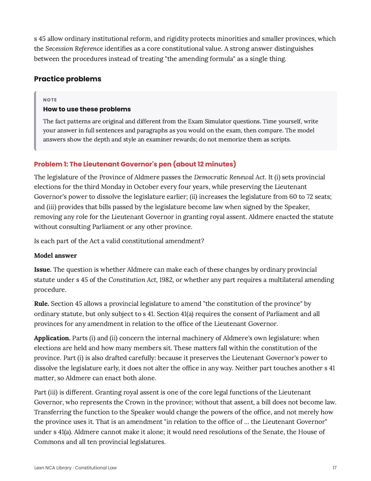Page from the Constitutional Law study guide: a timed practice problem with a model answer set out as issue, rule and application.